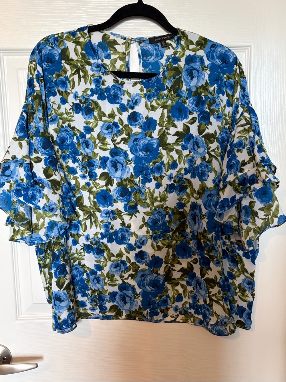 Ellen Weaver Floral Ruffle Sleeve Blouse in Blue